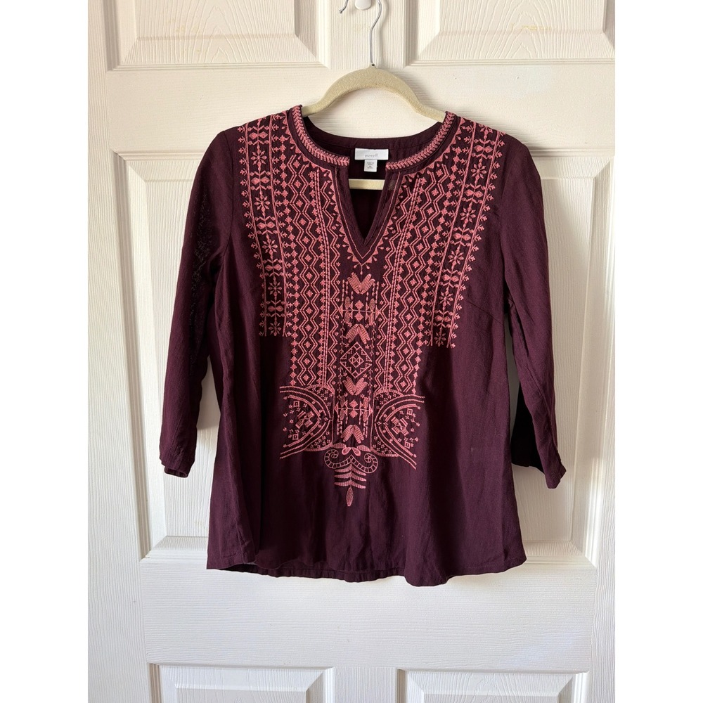 Pure Jill Tunic XS Petite Burgundy Embroidered Gauzy Cotton Boho Peasant Top